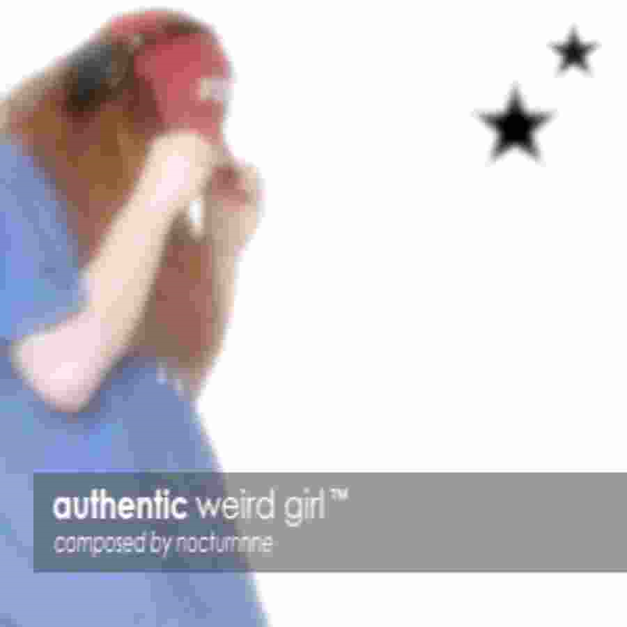 a jpeg compressed image of me standing in a white void , wearing a blue shirt and gray hat . two stars are in the tope right . the text 'authentic weird girl' is written on a banner made to resemble stock image site watermarks